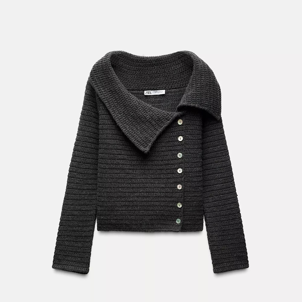 Zara Grey Cardigan Asymmetrical Ribbed Design